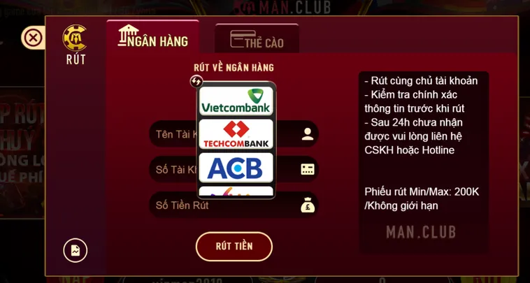 Quy Trình Rút tiền ManClub Qua Tài Khoản Ngân Hàng Siêu Tốc Giúp Bạn Nhận Thưởng Trong 3 Phút